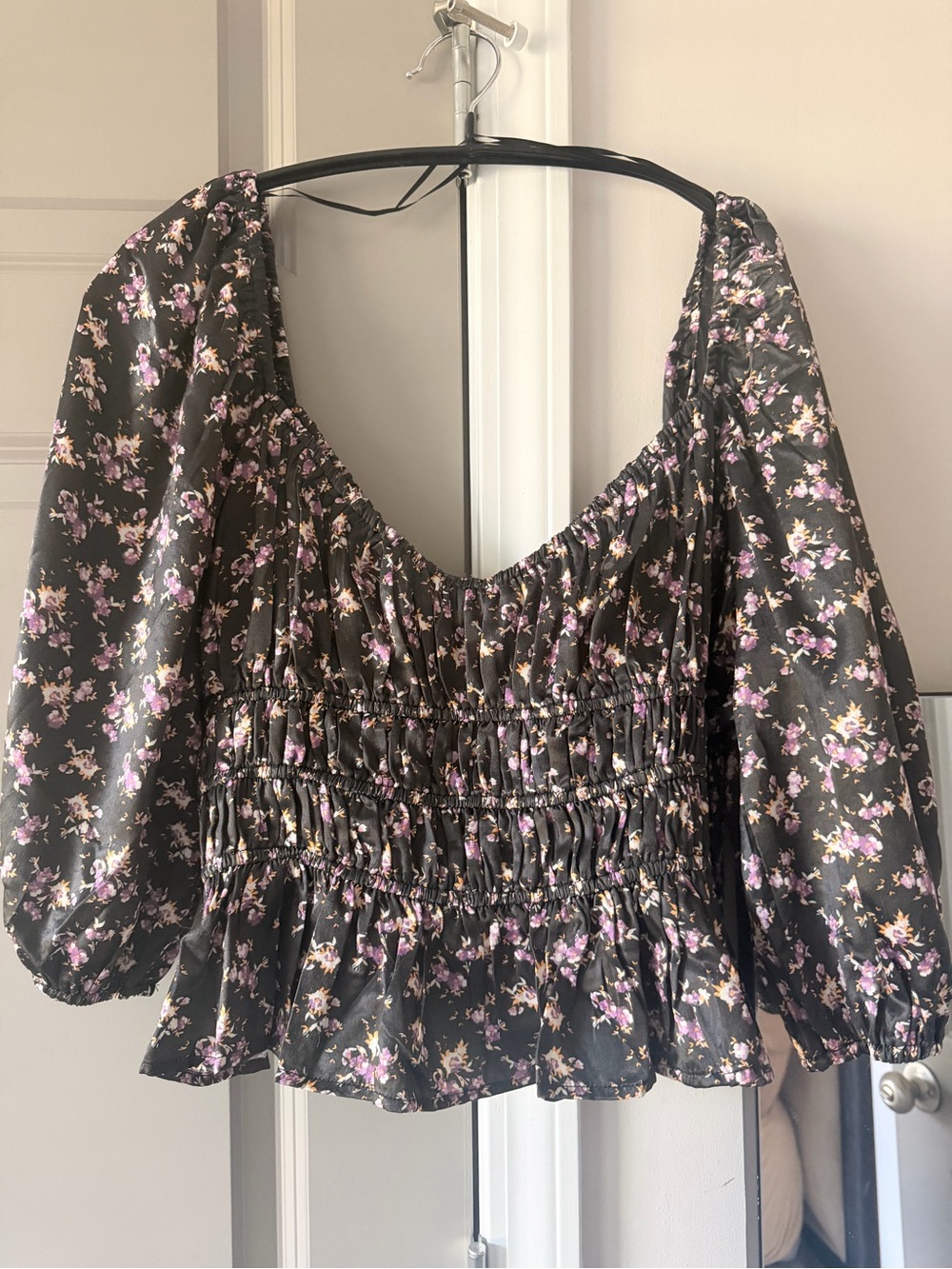 Vici Black Floral Smocked Peasant Blouse - Black/Purple/Cream
